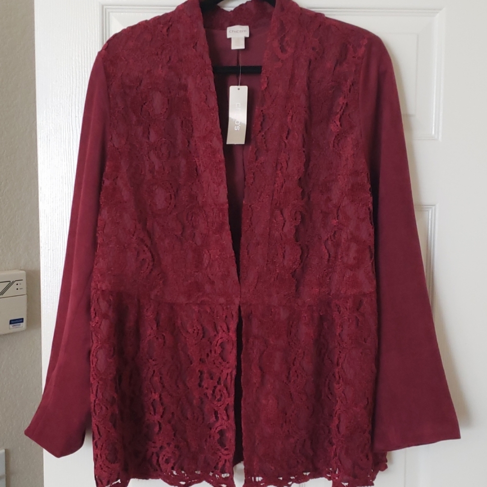 Chico's size 3 Berry faux suede anpeplum jacket.
